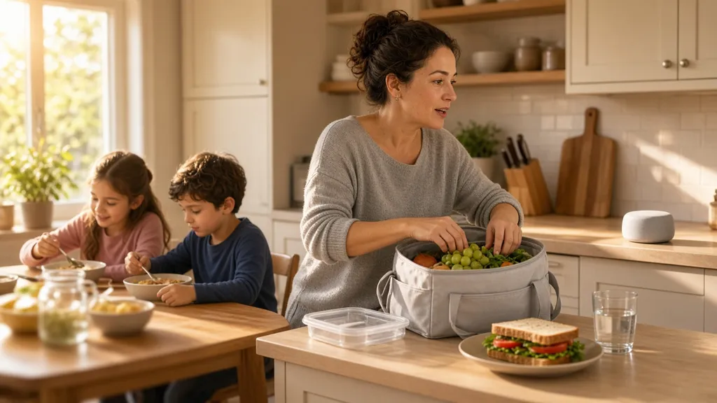 A mother packs lunches in a sunny kitchen while talking to a small speaker, kids eating breakfast