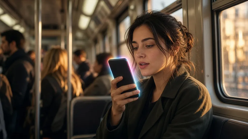 A woman on a city train speaks quietly to her phone at golden hour