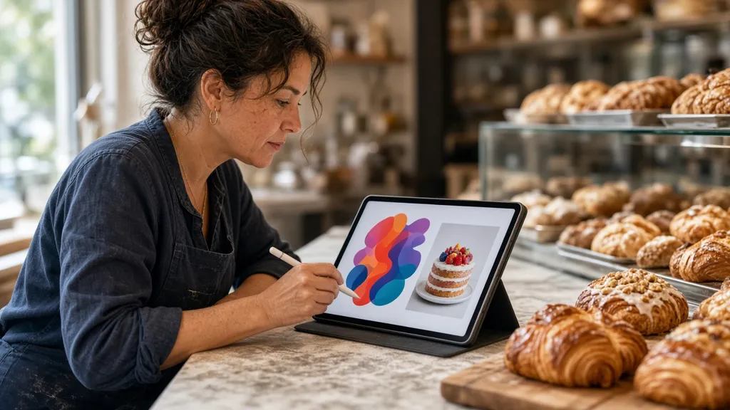 A designer at a bright desk arranges printed flyers and color swatches beside a tablet