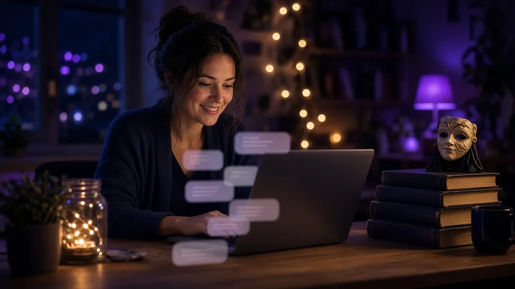 A writer smiles at a laptop in a cozy room at night