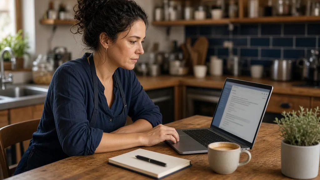 A small business owner plans on a laptop in a cafe kitchen