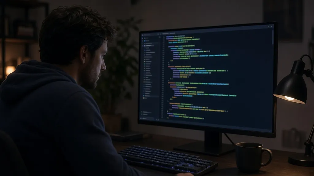 A developer in a dark room works in a terminal on a wide monitor