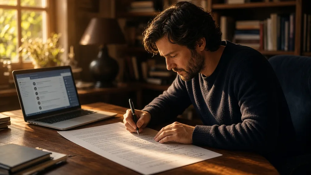 A writer reviews a long printed document with pen notes beside a laptop