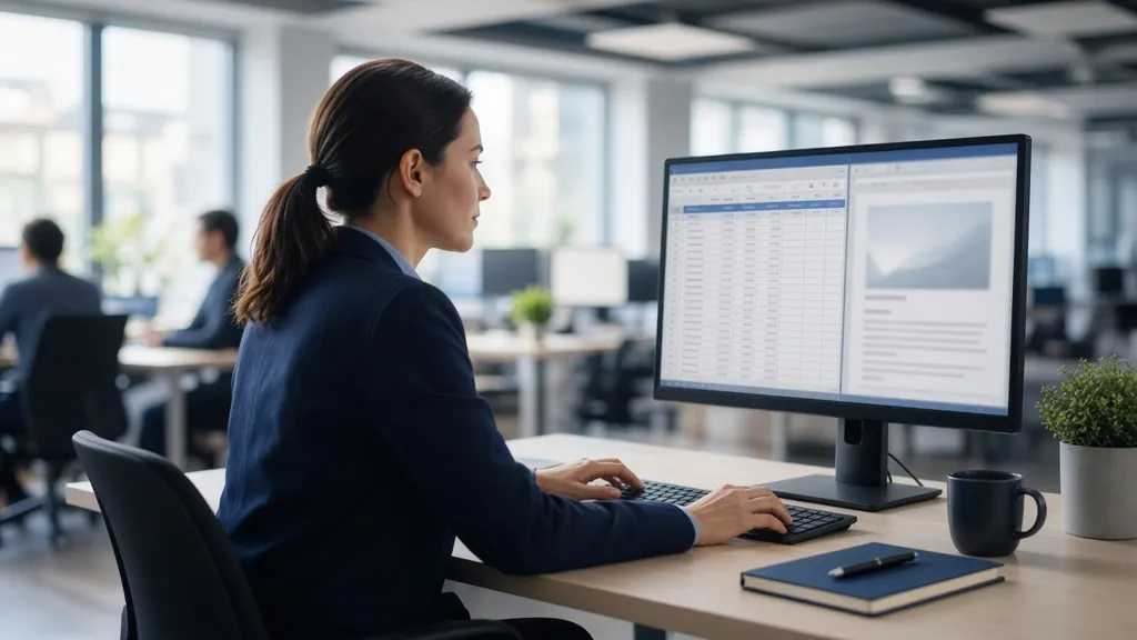 An office worker at a large monitor with a spreadsheet and a document side by side