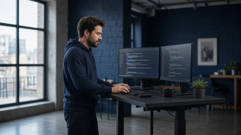 A developer at a standing desk with two monitors of code