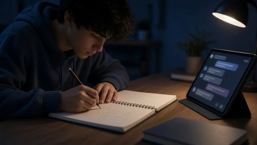 A student works through problems in a notebook beside a tablet