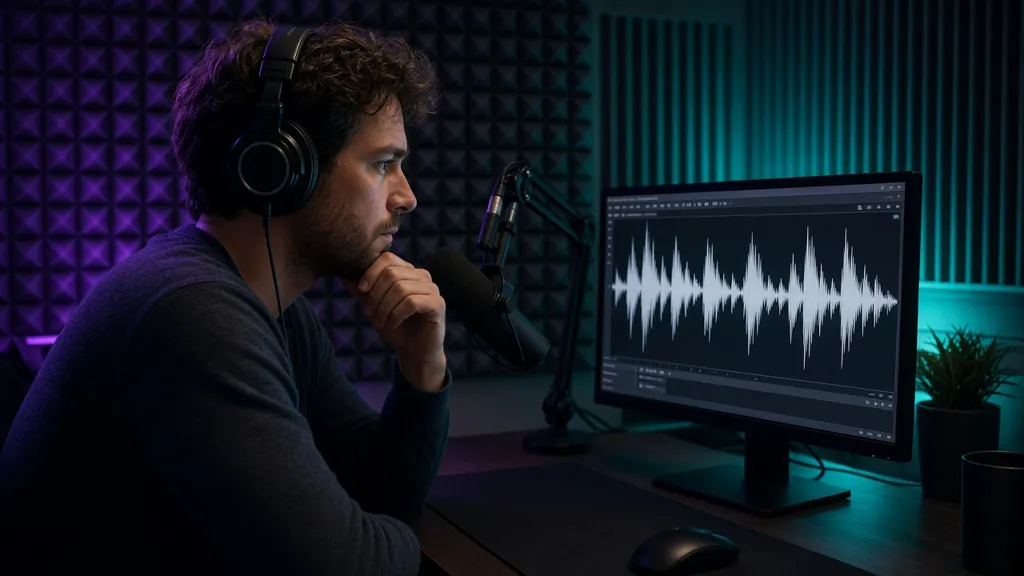 A narrator speaks into a studio microphone wearing headphones in a warm, quiet booth