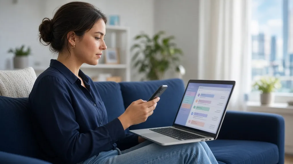 A woman on a couch checks her phone next to a laptop showing a calendar and inbox