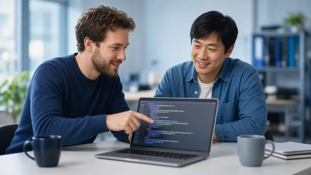 Two programmers pair-programming at one laptop