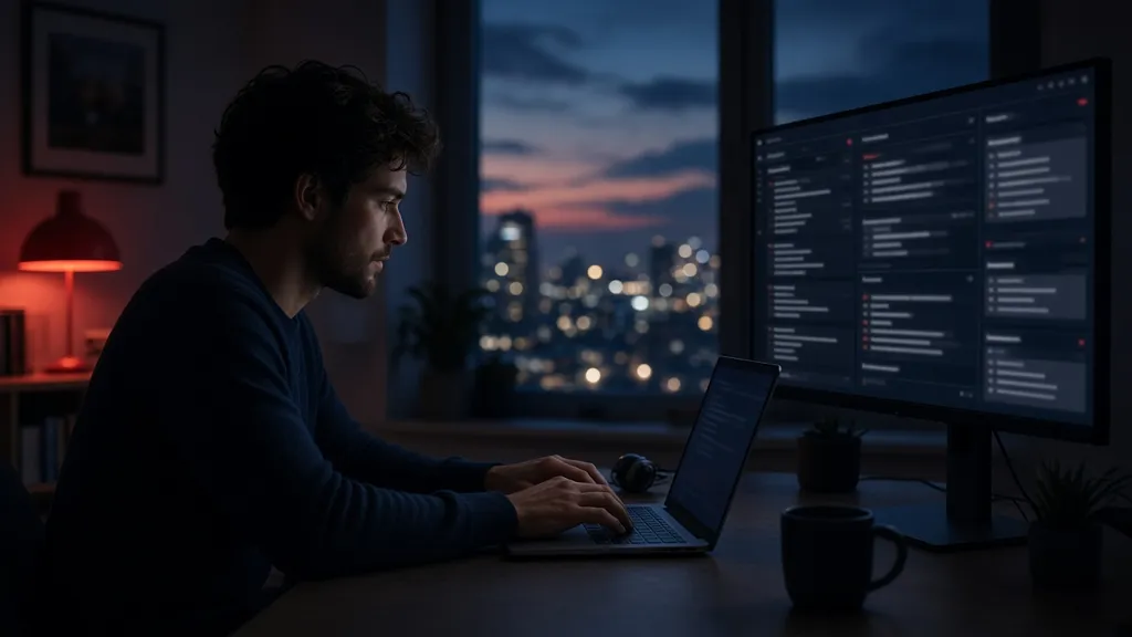 A person works at a laptop at dusk beside a monitor of task panels
