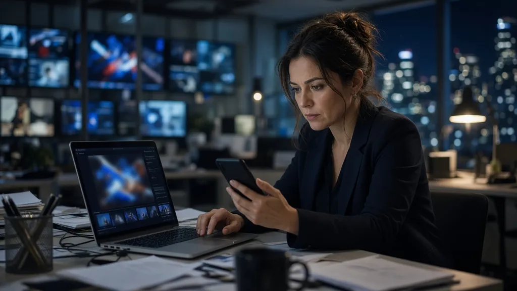 A journalist checks breaking news on a laptop and phone in a newsroom at night