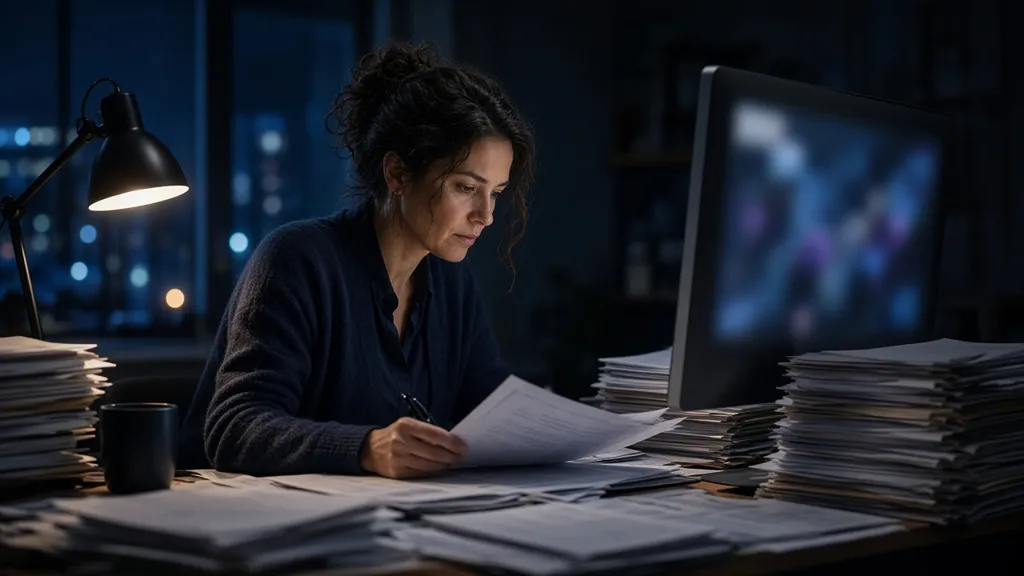 A researcher reads a stack of printed reports beside a laptop at night