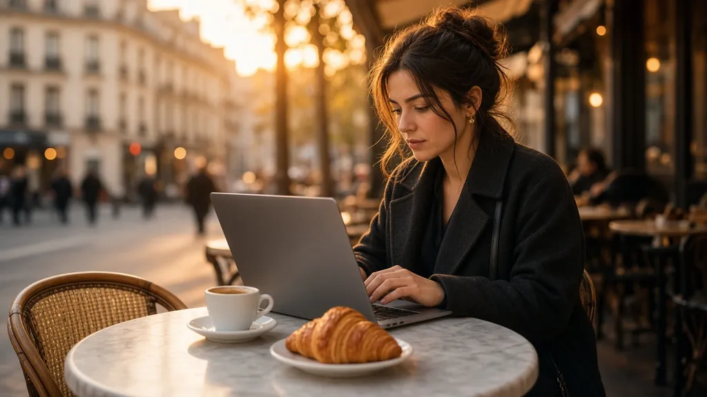 A woman works on a laptop at a Paris cafe terrace