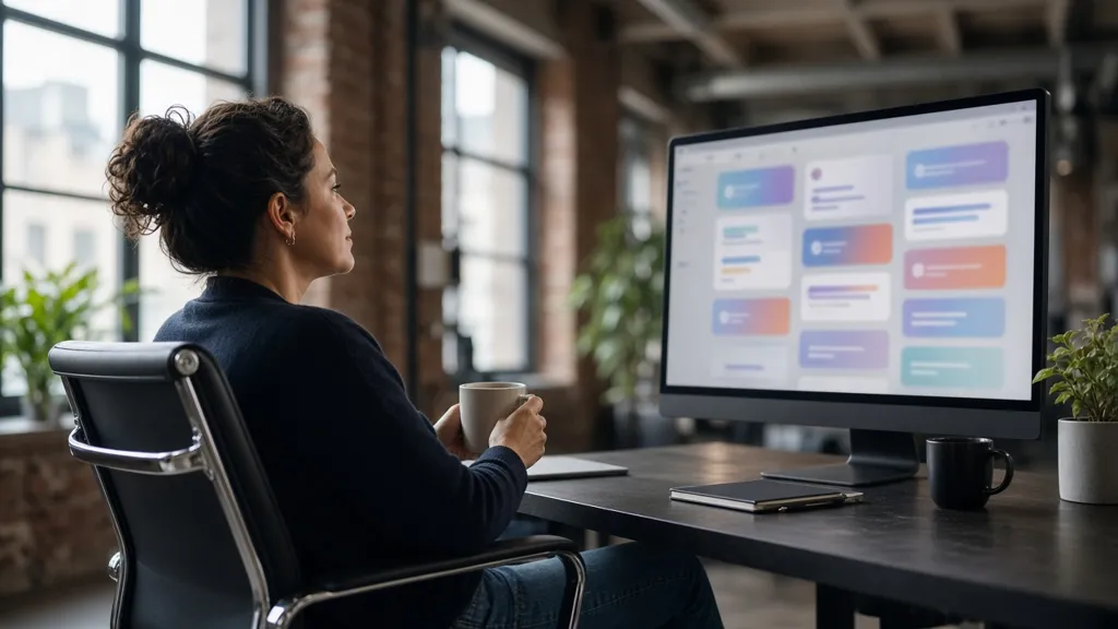 A person watches a laptop work through tasks while drinking coffee in a bright office