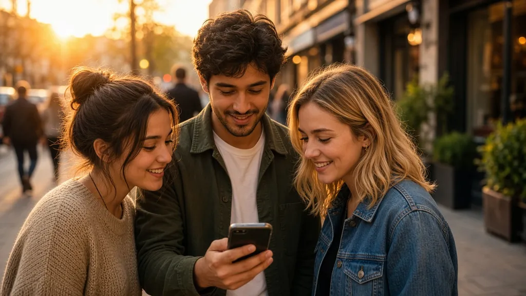 Friends look at a phone together on a city sidewalk