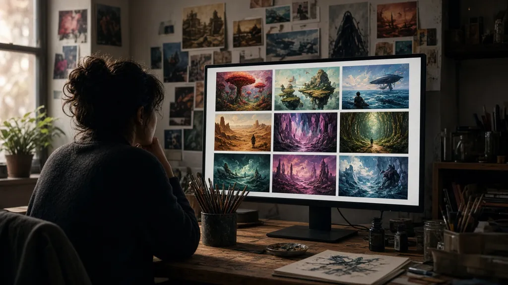 An illustrator looks at a grid of fantasy paintings on a monitor