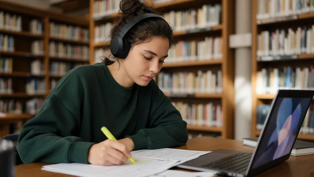 A student studies with notebooks, highlighted pages and headphones at a library table