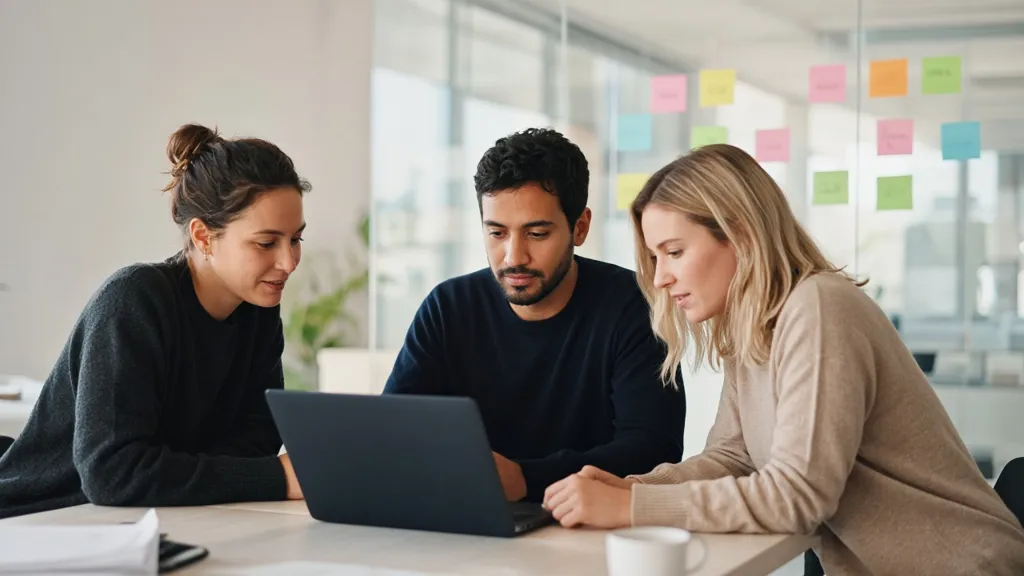 A small team around a table with laptops and sticky notes, planning a project