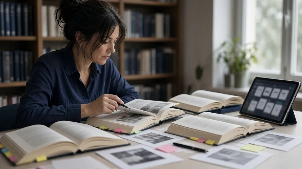 A researcher compares open books and printed articles beside a tablet