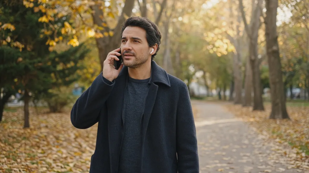 A man talks on his phone while walking in an autumn park