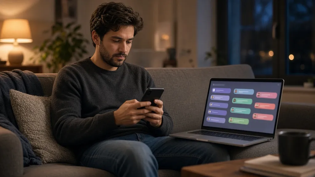 A person on a sofa compares answers on a tablet and a phone