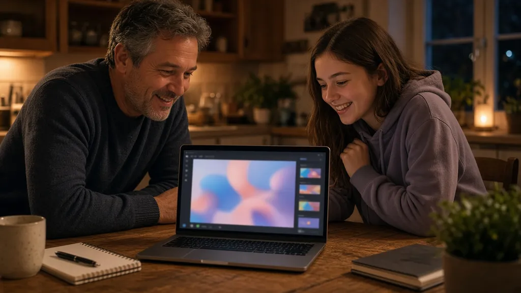 Two friends build an app together on a laptop at a kitchen table