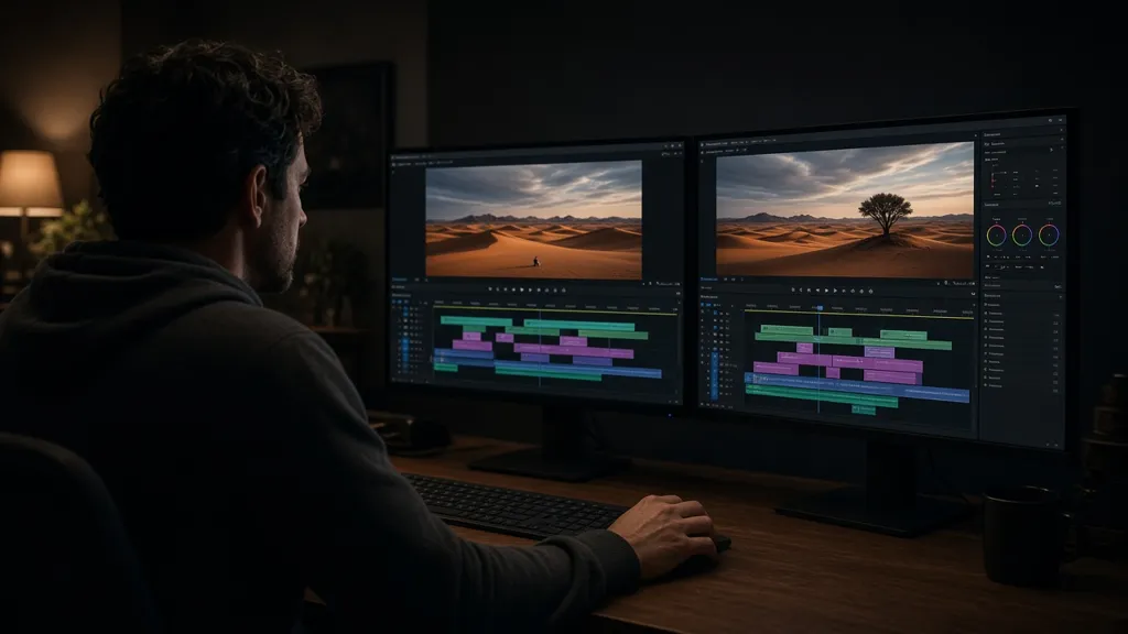 A filmmaker reviews desert landscape clips on two monitors in a dim editing suite