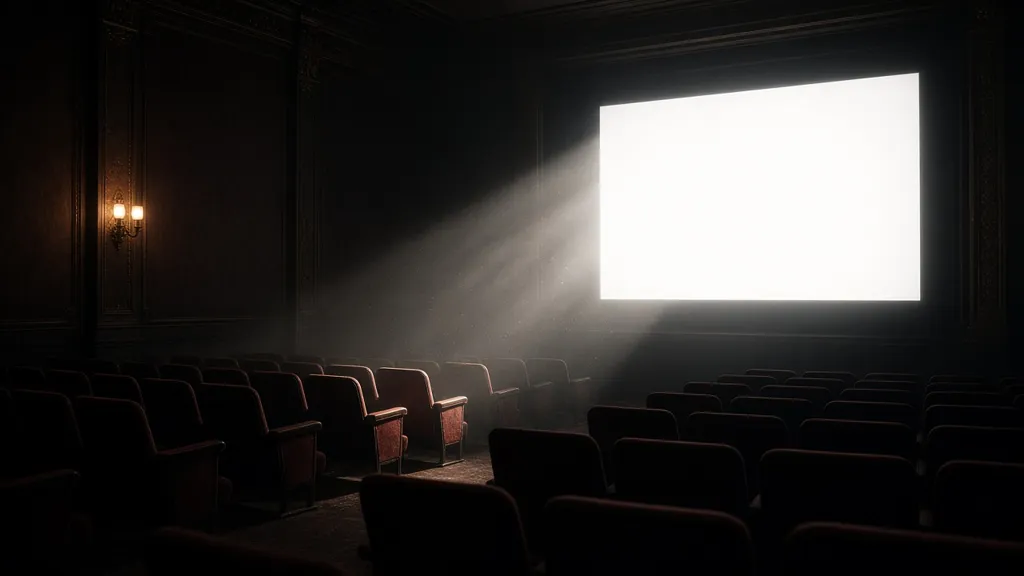 An empty old movie theater with a glowing blank screen and a beam of projector light