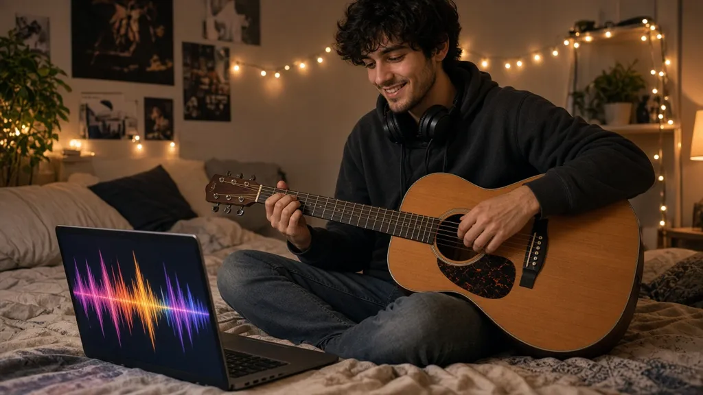 A musician with headphones adjusts a small mixing desk in a cozy home studio