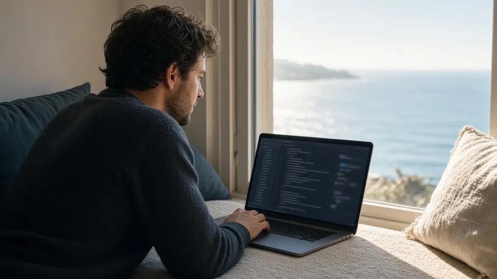 A developer codes on a laptop at a sunny coworking table near a window